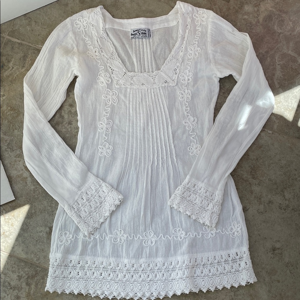 American South Side Boho  White Lace Detail Tunic